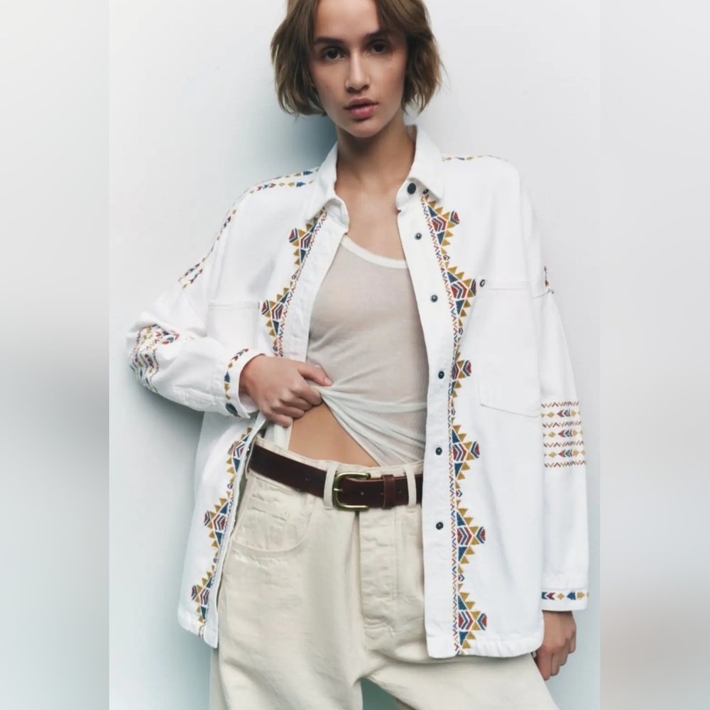 Zara Southwestern Embroidered Denim Overshirt Jacket Boho Festival White Large